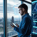 A professional architectural electrical engineer stands in a modern, glass-filled building, observing a holographic blueprint overlaid with flowing data lines and interconnected smart devices. The image emphasizes foresight and adaptability, showcasing a futuristic cityscape with smart infrastructure and IoT integration in the background, conveying the evolution of electrical equipment design towards advanced energy management and system integration.