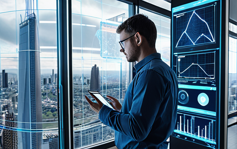 A professional architectural electrical engineer stands in a modern, glass-filled building, observing a holographic blueprint overlaid with flowing data lines and interconnected smart devices. The image emphasizes foresight and adaptability, showcasing a futuristic cityscape with smart infrastructure and IoT integration in the background, conveying the evolution of electrical equipment design towards advanced energy management and system integration.