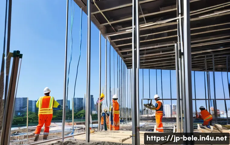 건축전기설비기사와 전기기사의 차이 - A detailed scene of a Japanese construction site focused on architectural electrical installation wo...