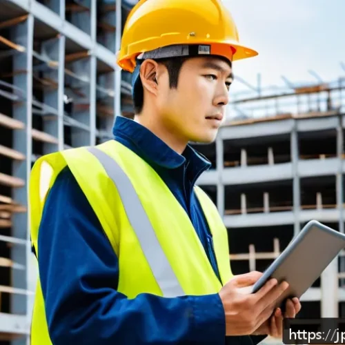 건축전기설비기사 실무 보고서 작성법 - A modern Japanese construction site focused on electrical installation work, featuring a professiona...