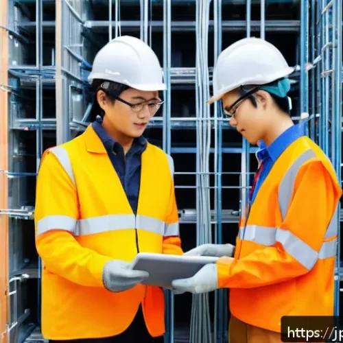 건축전기설비기사 현장 경험 공유 - A detailed construction site scene focused on electrical wiring work, showing a diverse team of elec...