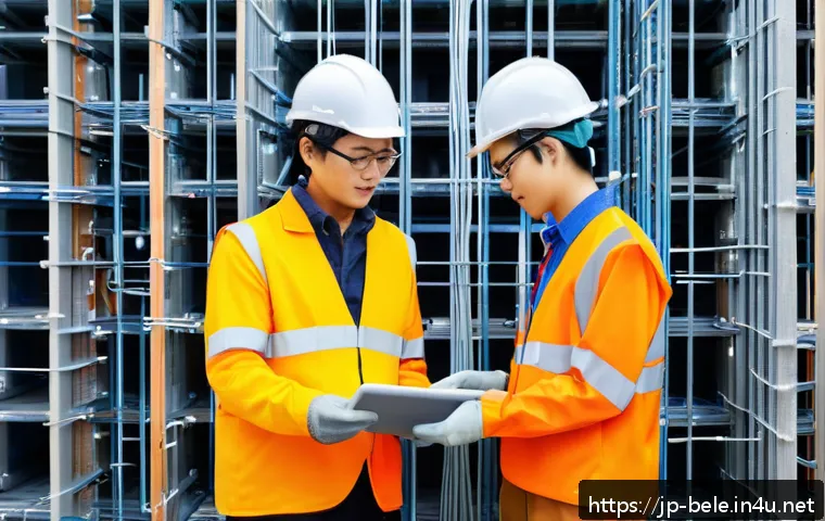건축전기설비기사 현장 경험 공유 - A detailed construction site scene focused on electrical wiring work, showing a diverse team of elec...