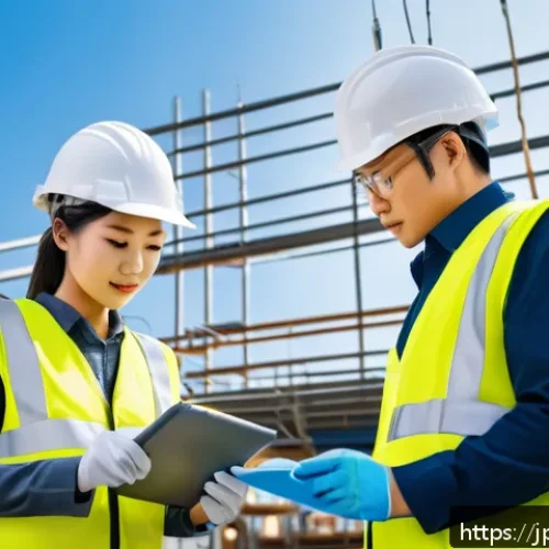 건축전기설비기사 업무 효율성 향상 팁 - A modern Japanese construction site manager efficiently organizing a digital tablet displaying detai...
