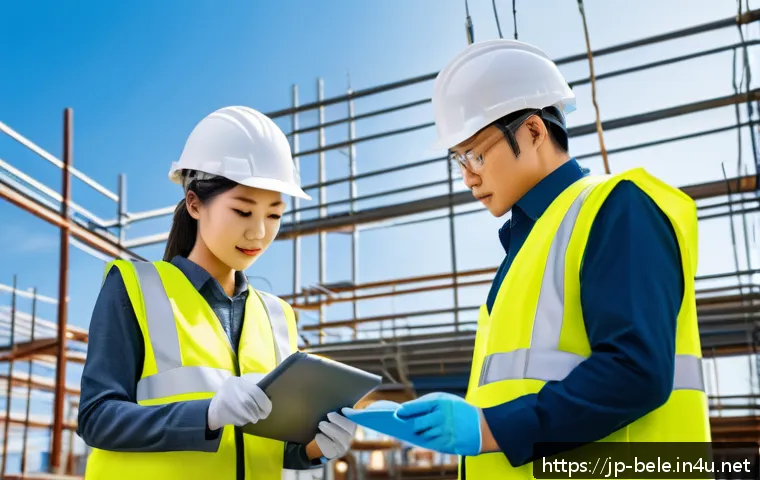 건축전기설비기사 업무 효율성 향상 팁 - A modern Japanese construction site manager efficiently organizing a digital tablet displaying detai...