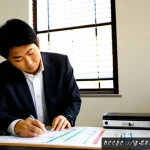 건축전기설비기사와 관련된 법규 정리 - Photorealistic Japanese architectural electrical engineer in a tidy modern office, reviewing a large...