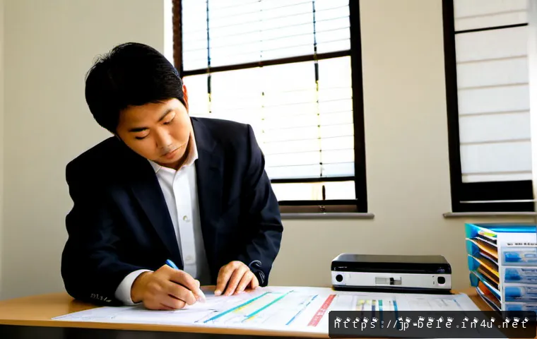 건축전기설비기사와 관련된 법규 정리 - Photorealistic Japanese architectural electrical engineer in a tidy modern office, reviewing a large...