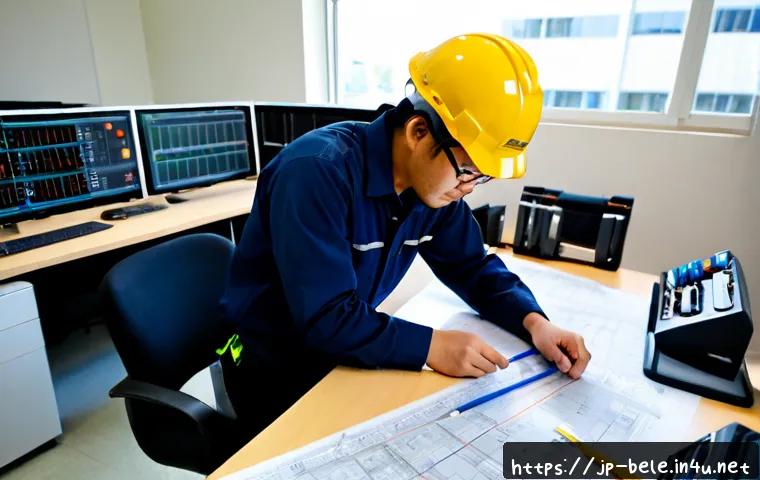 건축전기설비기사 초보자를 위한 업무 정리 - Photorealistic Japanese beginner architectural electrical engineer in a clean modern office, careful...